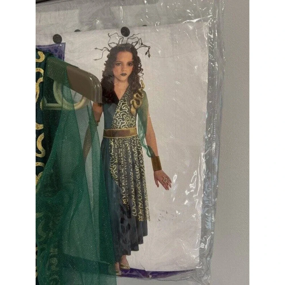 Medusa Girls Halloween Costume Green Gold Dress and Snake Headband Set L 12 14